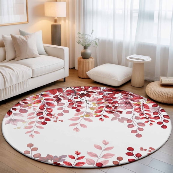 Round Area Rug for Living Room Bedroom, Abstract Red Branch Leaves Round Rugs Non-slip Floor Carpet, Farm Botanical Leaf on White Soft Washable Circle Rug 3ft