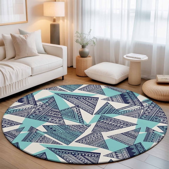 Round Area Rug for Living Room Bedroom, Abstract Tribal Triangle Pattern Round Rugs Non-slip Washable Floor Carpet, Rustic Geometric Art Soft Circle Rug 3ft