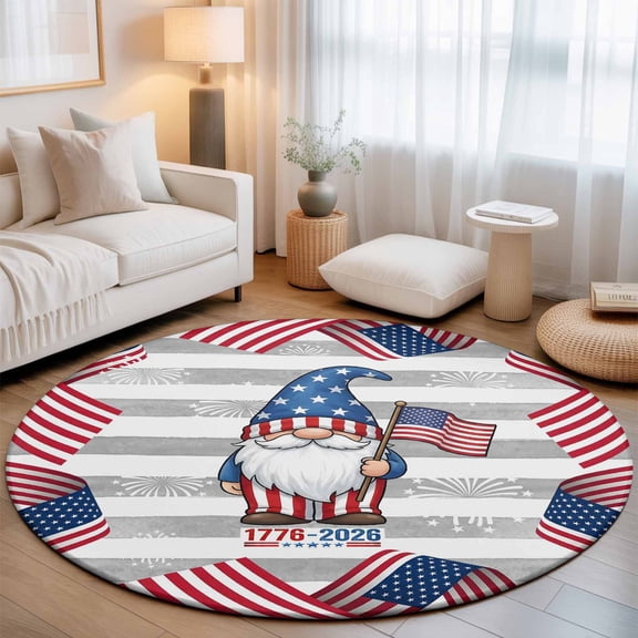 Round Area Rug for Living Room Bedroom, American Patriotic Gnome Round Rugs Non-slip Washable Floor Carpet, July 4th USA Flag Gray White Stripe Soft Circle Rug 3ft
