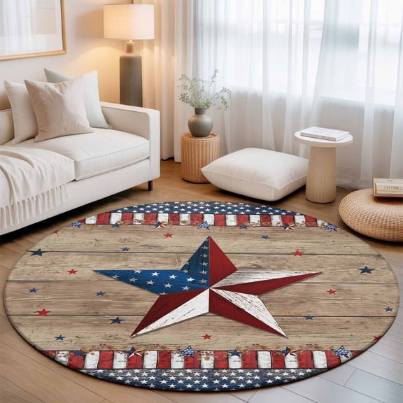 Round Area Rug for Living Room Bedroom, American Star Stripe USA Flag Round Rugs Non-slip Washable Floor Carpet, Independence Day Wood Board Soft Circle Rug 3ft