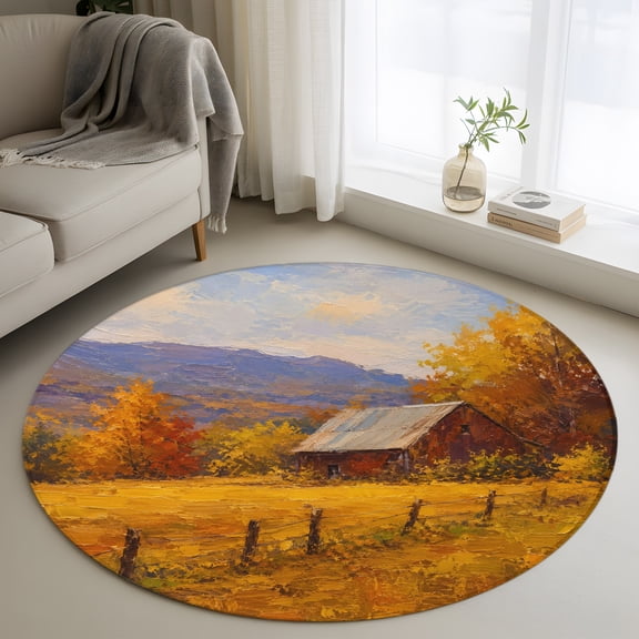 Round Area Rug for Living Room Bedroom, Autumn Country Natural Landscape Round Rugs Non-slip Washable Floor Carpet, Fall Tree Wooden Fence Soft Circle Rug 3ft