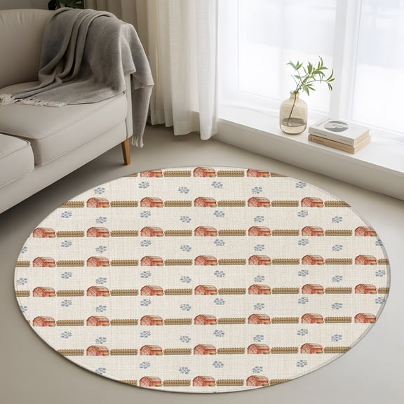 Round Area Rug for Living Room Bedroom, Autumn Farmhouse Barn Fence Round Rugs Non-slip Washable Floor Carpet, Rustic Fall Retro Linen Soft Circle Rug 3ft