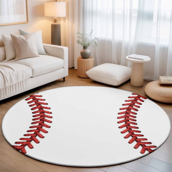 Round Area Rug for Living Room Bedroom, Baseball Stitches Texture Round Rugs Non-slip Washable Floor Carpet, Modern Minimalist Sport Theme Soft Circle Rug 3ft