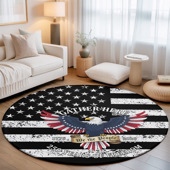 Round Area Rug for Living Room Bedroom, Black White American Flag Round Rugs Non-slip Floor Carpet, July 4th Patriotic Eagle Star Stripe Soft Washable Circle Rug 3ft