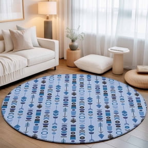 Round Area Rug for Living Room Bedroom, Blue Aztec Tribal Arrows Round Rugs Non-slip Washable Floor Carpet, Southwestern Geometric Art Soft Circle Rug 3ft