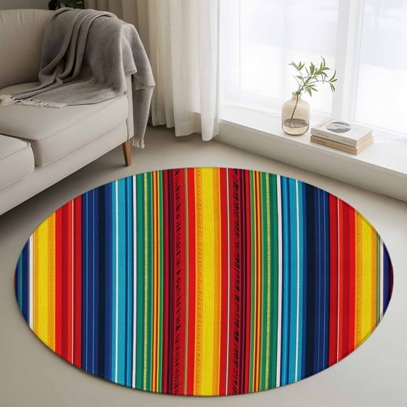 Round Area Rug for Living Room Bedroom, Boho Ethnic Mexican Stripes Round Rugs Non-slip Washable Floor Carpet, Native Colorful American Stripe Soft Circle Rug 3ft