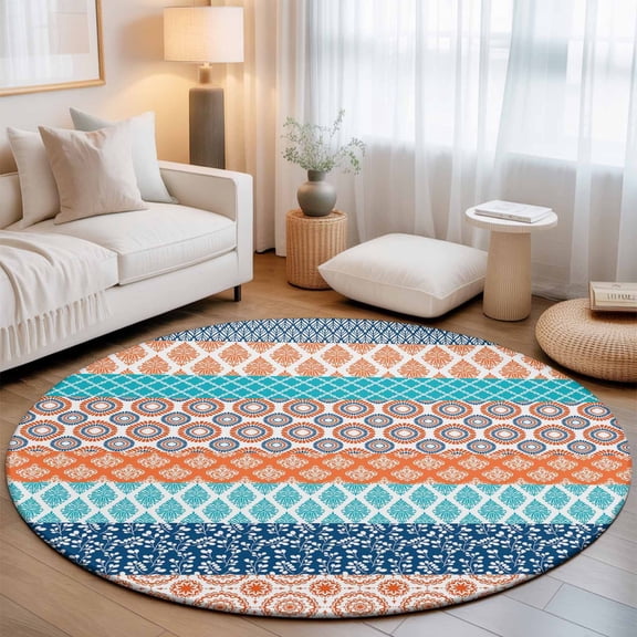 Round Area Rug for Living Room Bedroom, Boho Orange Abstract Geometric Round Rugs Non-slip Floor Carpet, Morocco Ethnic Damask Floral Soft Washable Circle Rug 3ft