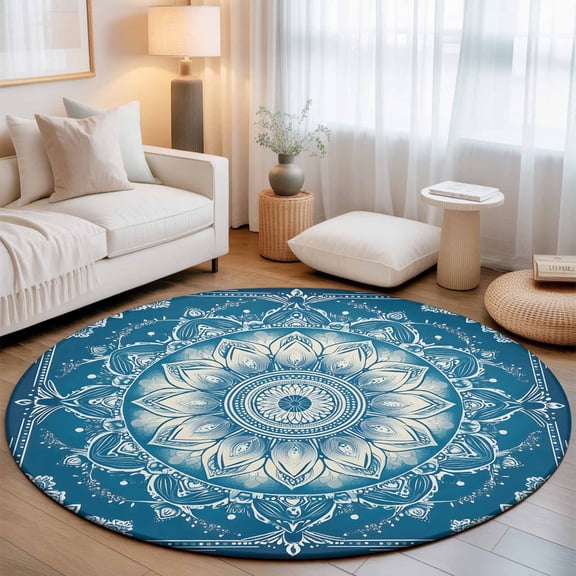 Round Area Rug for Living Room Bedroom, Boho Retro Tribal Blue Floral Round Rugs Non-slip Washable Floor Carpet, Abstract Ethnic Theme Soft Circle Rug 3ft