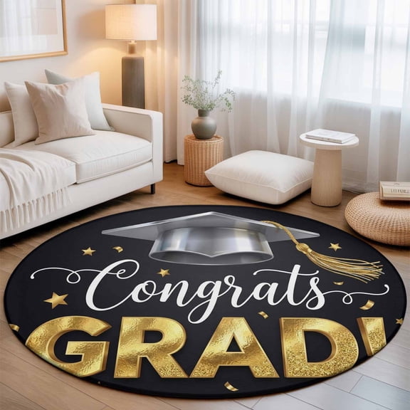 Round Area Rug for Living Room Bedroom, Cartoon Bachelor's Hat Star Round Rugs Non-slip Floor Carpet, Congrats Grad Quote Soft Washable Circle Rug 3ft