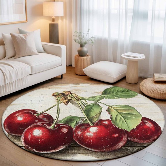 Round Area Rug for Living Room Bedroom, Cherry Fruit Vintage Wood Round Rugs Non-slip Floor Carpet, Watercolor Oil Painting Style Soft Washable Circle Rug 3ft
