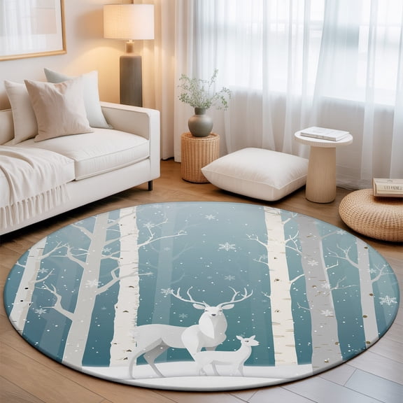 Round Area Rug for Living Room Bedroom, Christmas Deer Tree Snowflake Round Rugs Non-slip Floor Carpet, Winter Forest Animal Snowfall Soft Washable Circle Rug 3ft