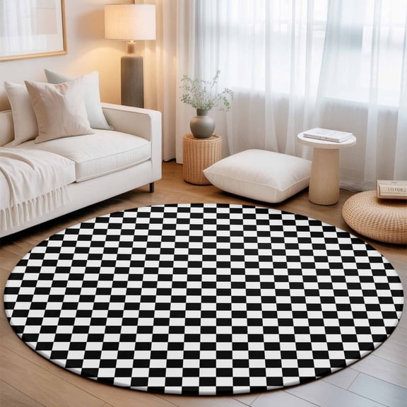 Round Area Rug for Living Room Bedroom, Classic Black White Plaid Round Rugs Non-slip Washable Floor Carpet, Chess Board Theme Background Soft Circle Rug 3ft