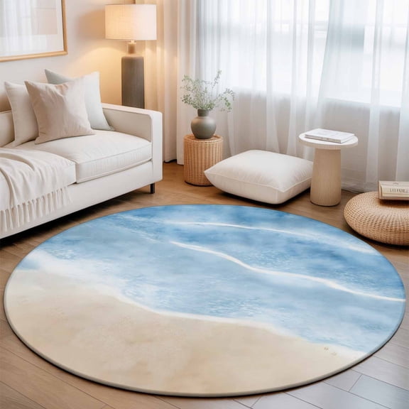 Round Area Rug for Living Room Bedroom, Coastal Ocean Wave Seaside Round Rugs Non-slip Washable Floor Carpet, Beach Navy Blue Water Ripple Soft Circle Rug 3ft