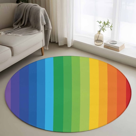 Round Area Rug for Living Room Bedroom, Colorful Stripes Gradient Art Round Rugs Non-slip Washable Floor Carpet, Modern Rainbow Texture Soft Circle Rug 3ft