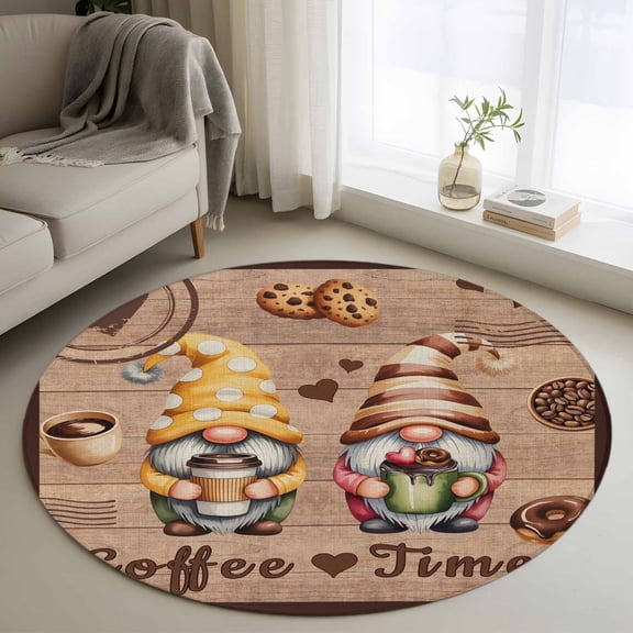 Round Area Rug for Living Room Bedroom, Countryside Dwarfs on Retro Wood Round Rugs Non-slip Washable Floor Carpet, Coffee Time Words Soft Circle Rug 3ft