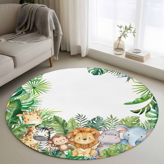 Round Area Rug for Living Room Bedroom, Cute Giraffes Zebras Hippocampus Round Rugs Non-slip Washable Floor Carpet, Summer Green Leaves Soft Circle Rug 3ft