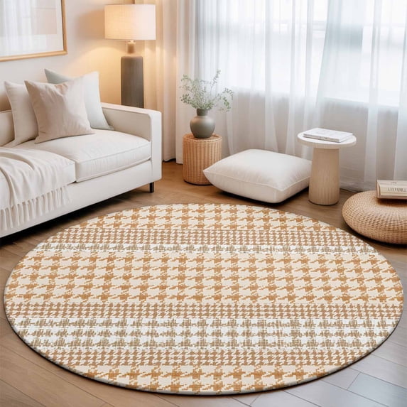 Round Area Rug for Living Room Bedroom, Farm Lattice Houndstooth Pattern Round Rugs Non-slip Washable Floor Carpet, Rustic Beige Khaki Plaid Soft Circle Rug 3ft