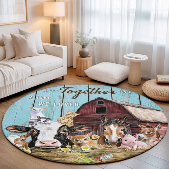 Round Area Rug for Living Room Bedroom, Farm Pig Horse Rabbit Barn Fence Wheat Round Rugs Non-slip Floor Carpet, Vintage Blue Wood Board Soft Washable Circle Rug 3ft