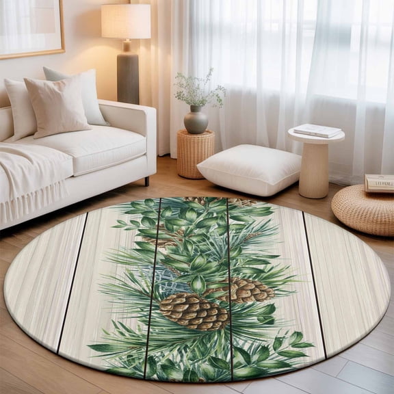 Round Area Rug for Living Room Bedroom, Farmhouse Pine Needle Pinecone Round Rugs Non-slip Washable Floor Carpet, Rustic Retro Wood Grain Soft Circle Rug 3ft
