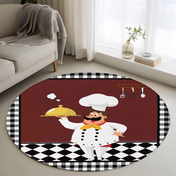 Round Area Rug for Living Room Bedroom, Funny Chef Food Cutlery Round Rugs Non-slip Washable Floor Carpet, Black White Plaid Dark Maroon Soft Circle Rug 3ft
