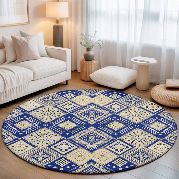 Round Area Rug for Living Room Bedroom, Geometric Ethnic Rhombus Lattice Polka Dots Round Rugs Non-slip Washable Floor Carpet, Tribal Folk Pattern Soft Circle Rug 3ft
