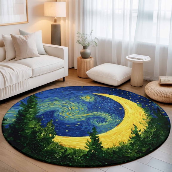 Round Area Rug for Living Room Bedroom, Giant Moon Forest Expressionist Art Round Rugs Non-slip Washable Floor Carpet, Dreamy Night Navy Blue Soft Circle Rug 3ft