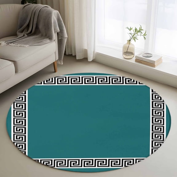 Round Area Rug for Living Room Bedroom, Greek Abstract Inspired Key Pattern Round Rugs Non-slip Washable Floor Carpet, Twist Line on Teal Soft Circle Rug 3ft