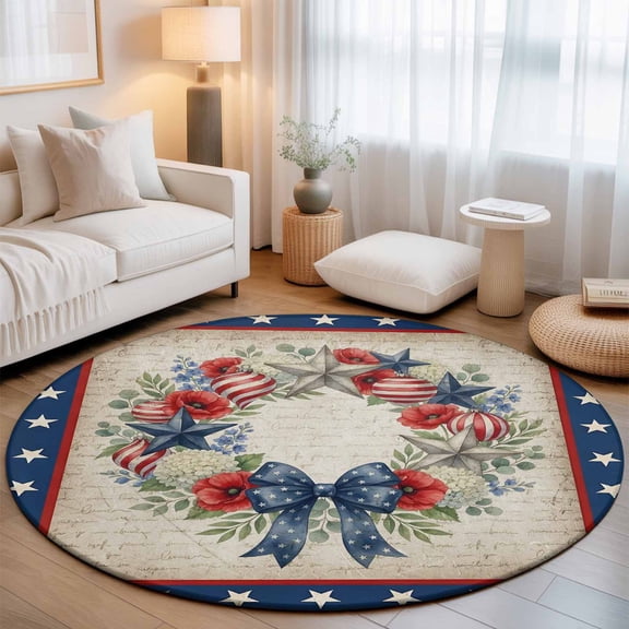 Round Area Rug for Living Room Bedroom, Independence Day 250th Anniversary Round Rugs Non-slip Washable Floor Carpet, Patriotic Floral Wreath Soft Circle Rug 3ft