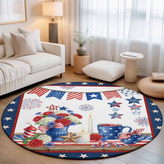 Round Area Rug for Living Room Bedroom, Independence Day 250th Anniversary Round Rugs Non-slip Washable Floor Carpet, Stars and Stripes Soft Circle Rug 3ft