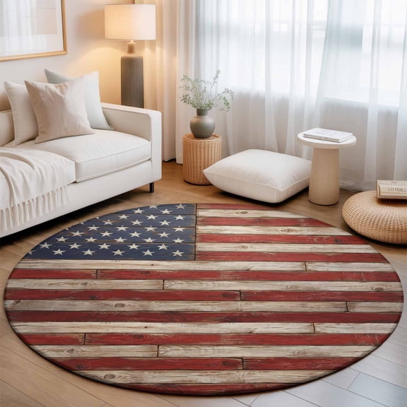 Round Area Rug for Living Room Bedroom, Independence Day American Flag Round Rugs Non-slip Washable Floor Carpet, Retro Farm Wood Board Soft Circle Rug 3ft