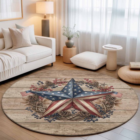 Round Area Rug for Living Room Bedroom, Independence Day USA Flag Star Round Rugs Non-slip Washable Floor Carpet, Farm Wood Background Soft Circle Rug 3ft