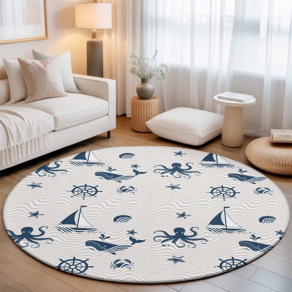 Round Area Rug for Living Room Bedroom, Marine Life Whales Octopus Round Rugs Non-slip Washable Floor Carpet, Abstract Geometric Stripes Soft Circle Rug 3ft