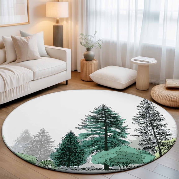 Round Area Rug for Living Room Bedroom, Minimalist Pine Tree Round Rugs Non-slip Washable Floor Carpet, Farmhouse Watercolor Plants Soft Circle Rug 3ft