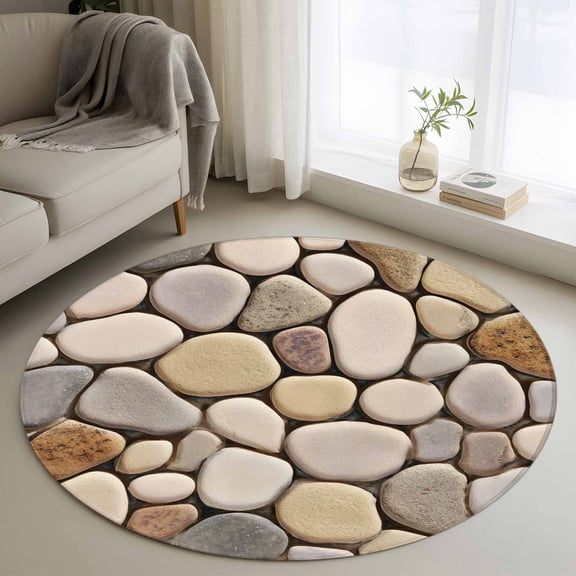 Round Area Rug for Living Room Bedroom, Modern Cobblestone Texture Art Round Rugs Non-slip Washable Floor Carpet, Seamless Brown Pebble Stone Soft Circle Rug 3ft