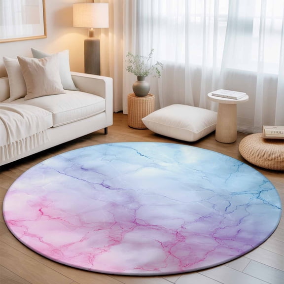 Round Area Rug for Living Room Bedroom, Natural Marble Agate Stone Texture Round Rugs Non-slip Washable Floor Carpet, Pink Blue Gradient Soft Circle Rug 3ft