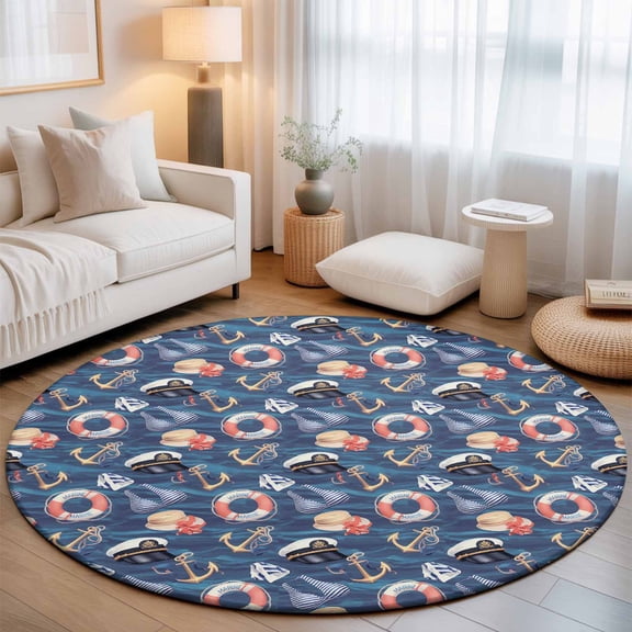 Round Area Rug for Living Room Bedroom, Nautical Anchor Swimsuit Navy Cap Seamless Round Rugs Non-slip Floor Carpet, Navy Blue Ocean Soft Washable Circle Rug 3ft