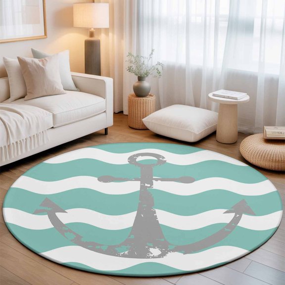 Round Area Rug for Living Room Bedroom, Nautical Anchor Teal Zigzag Ripple Chevron Round Rugs Non-slip Washable Floor Carpet, Grey Anchors Summer Ocean Theme Soft Circle Rug 3ft