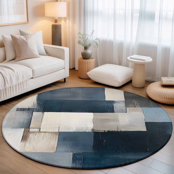 Round Area Rug for Living Room Bedroom, Navy Blue Beige Color Block Round Rugs Non-slip Floor Carpet, Vintage Oil Painting Soft Washable Circle Rug 3ft