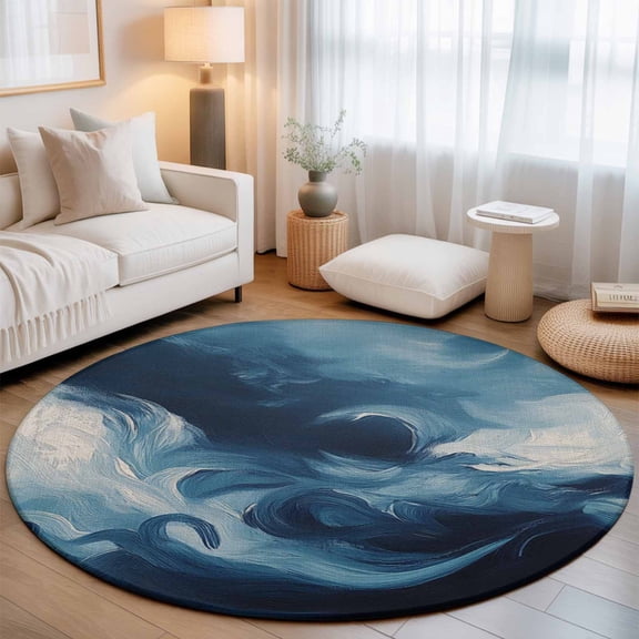 Round Area Rug for Living Room Bedroom, Navy Blue Ocean Waves Abstract Style Round Rugs Non-slip Floor Carpet, Natural Landscape Soft Washable Circle Rug 3ft