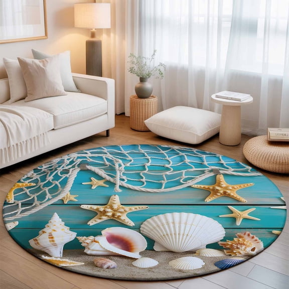 Round Area Rug for Living Room Bedroom, Ocean Beach Starfish Conch Fishing Net Round Rugs Non-slip Washable Floor Carpet, Blue Wood Board Soft Circle Rug 3ft