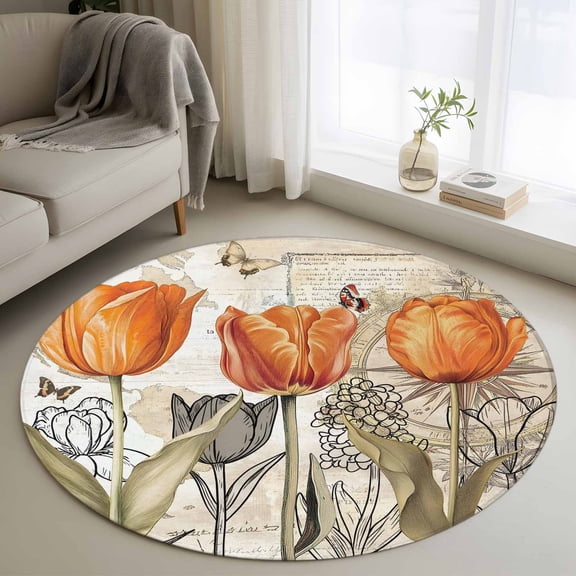Round Area Rug for Living Room Bedroom, Orange Tulip Flower Plants Round Rugs Non-slip Washable Floor Carpet, Butterfly Vintage Map Soft Circle Rug 3ft