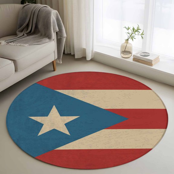 Round Area Rug for Living Room Bedroom, Puerto Rico Flag Red Stripe Stars Round Rugs Non-slip Washable Floor Carpet, Vintage Flags Pentagram Soft Circle Rug 3ft