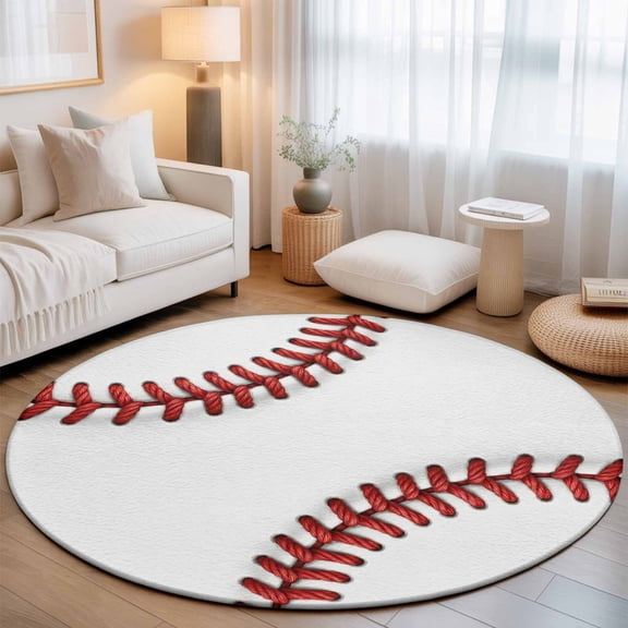 Round Area Rug for Living Room Bedroom, Red White Baseball Stitching Texture Round Rugs Non-slip Washable Floor Carpet, Sport Theme Soft Circle Rug 3ft
