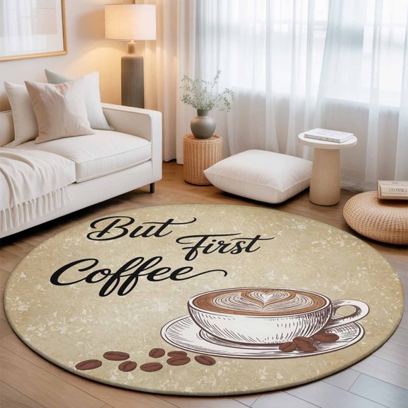 Round Area Rug for Living Room Bedroom, Retro Coffee Theme Round Rugs Non-slip Floor Carpet, Coffee Cup Beans Vintage Back Soft Washable Circle Rug 3ft