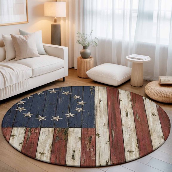 Round Area Rug for Living Room Bedroom, Retro USA Flag Independence Day Round Rugs Non-slip Washable Floor Carpet, Stripes and Stars Soft Circle Rug 3ft
