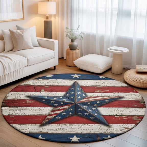Round Area Rug for Living Room Bedroom, Retro USA Flag Wood Texture Round Rugs Non-slip Washable Floor Carpet, July 4th Red Blue White Star Stripe Soft Circle Rug 3ft