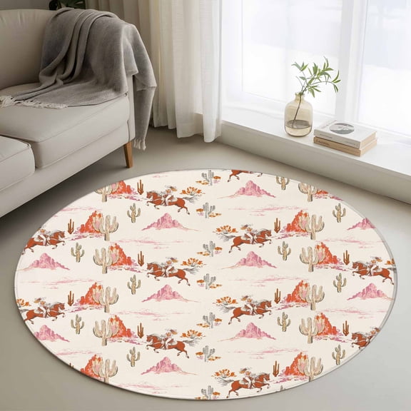 Round Area Rug for Living Room Bedroom, Retro Western Ethnic Cowboy Cactus Round Rugs Non-slip Washable Floor Carpet, Cream Pink Desert Soft Circle Rug 3ft