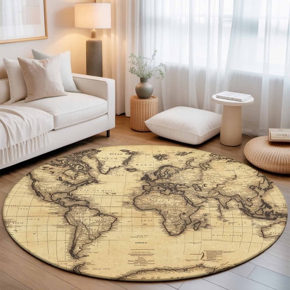 Round Area Rug for Living Room Bedroom, Retro Yellow World Map North America Asia Round Rugs Non-slip Floor Carpet, Pacific Plate Soft Washable Circle Rug 3ft
