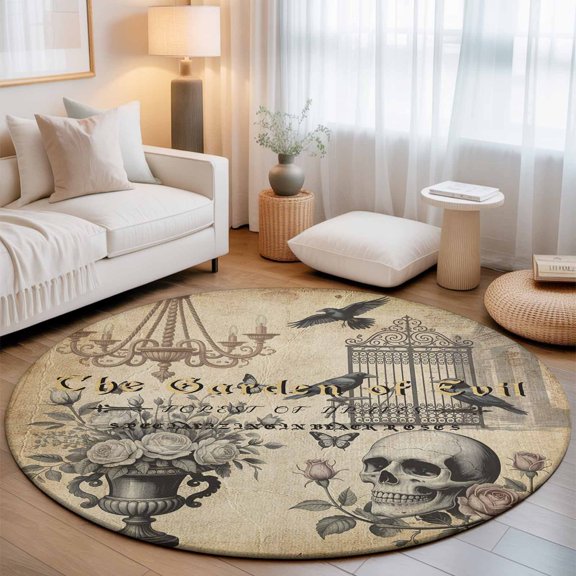 Round Area Rug for Living Room Bedroom, Scary Halloween Skull Crow Rose Round Rugs Non-slip Floor Carpet, Garden of Evil Retro Brown Soft Washable Circle Rug 3ft