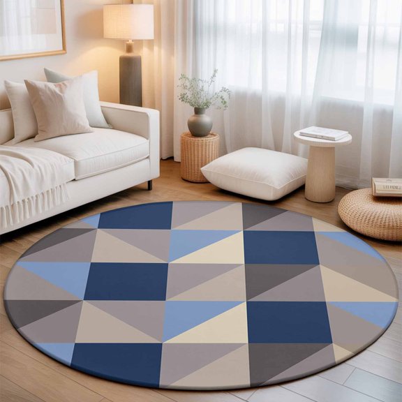 Round Area Rug for Living Room Bedroom, Splicing Geometric Art Round Rugs Non-slip Floor Carpet, Blue Grey Khaki Triangle and Square Soft Washable Circle Rug 3ft